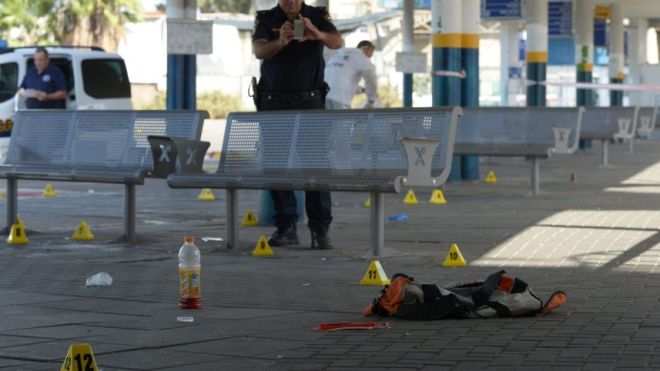 Scene of Afula shooting after Israeli Arab woman attempted to stab soldier. October 9, 2015.Gil Eliahu 